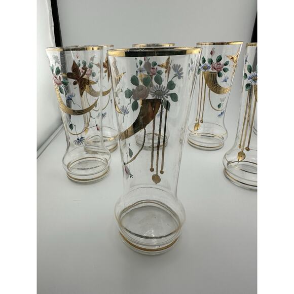 Antique Bohemian Set of 6 Enameled Tall Glasses Art Nouveau Butterflies 6" Tall - Picture 5 of 9